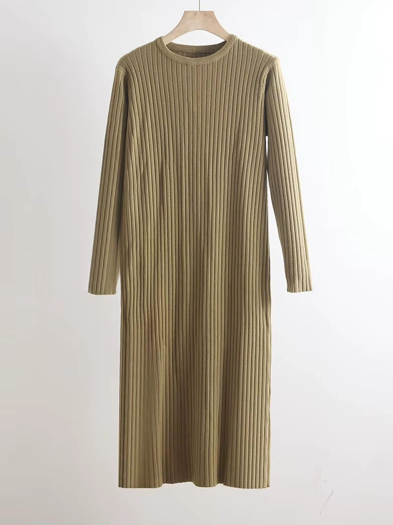 Long sleeve, ribbed knit midi jumper dress in a neutral tone, hanging on hanger — view 11 — view 16