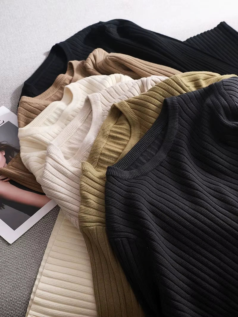 Ribbed knit midi jumper dress in assorted neutral tones, displayed folded on a surface — view 14 — view 19
