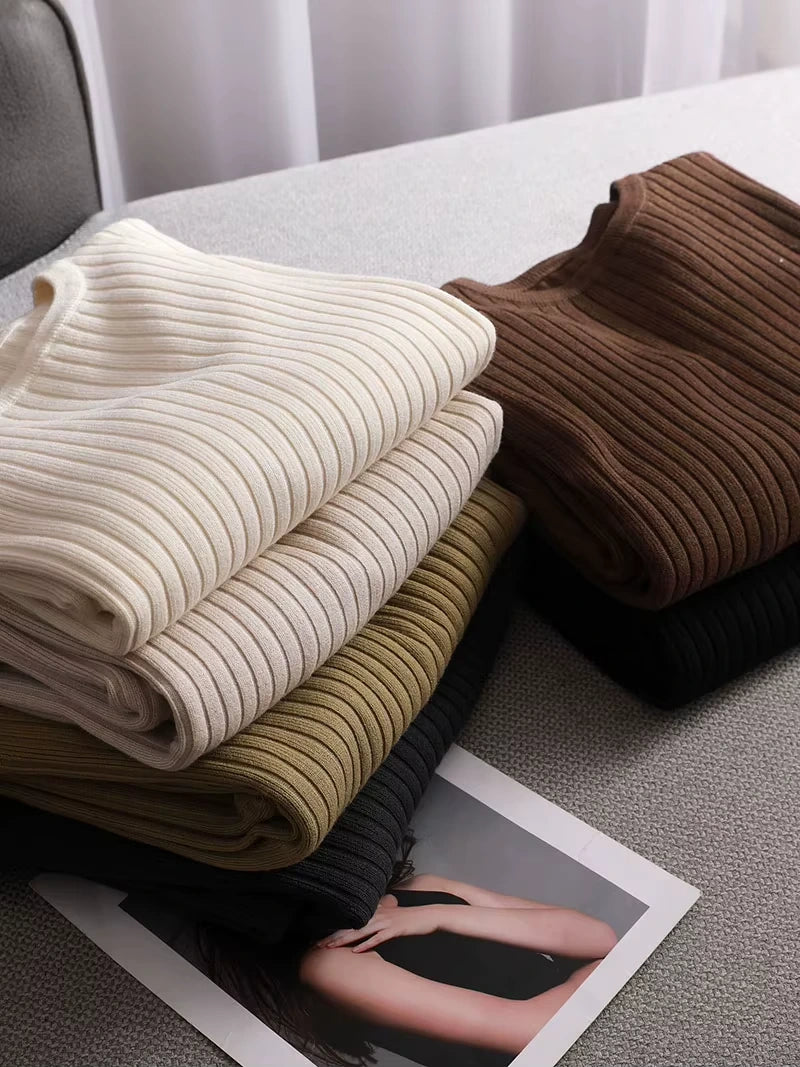 Midi jumper dress — Stacked cotton blend knit dresses in cream, brown, olive, and black, folded on a — view 15 — view 20