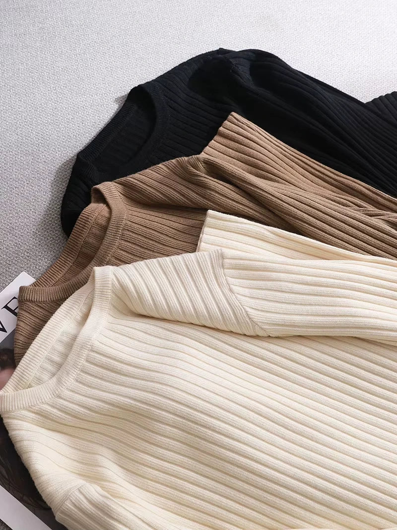 Midi jumper dress — Cream, brown, and black ribbed knit dresses in a cotton blend fabric, folded — view 16 — view 21