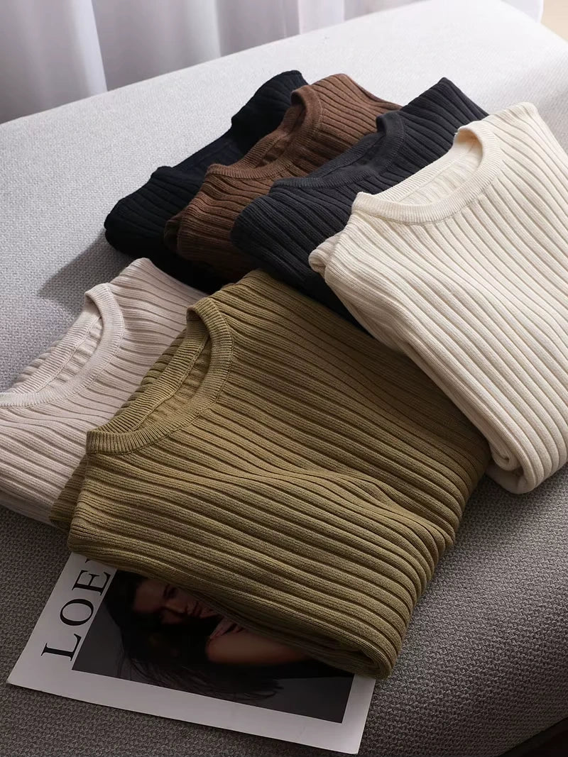 Midi jumper dress — Folded knit dresses in various neutral tones, showcasing ribbed texture and O neck — view 21 — view 26