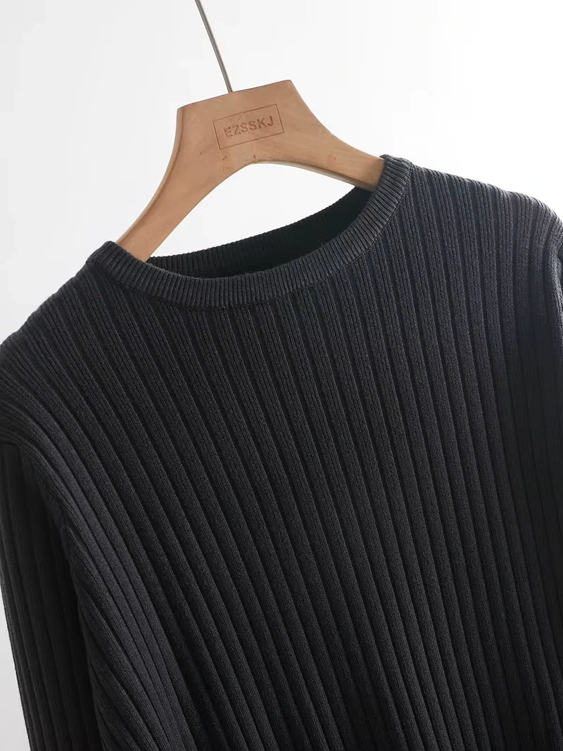Black ribbed cotton blend knit midi jumper dress on hanger, close up view — 23 — view 28