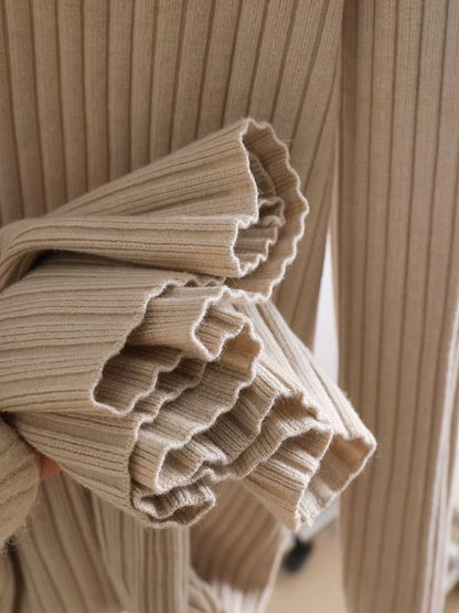 Midi jumper dress — Beige ribbed cotton blend knit fabric with ruffled sleeve detail, close up view — 24 — view 29