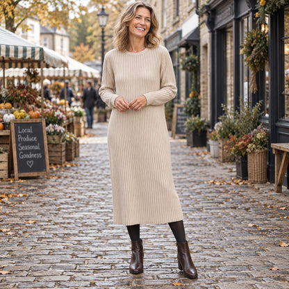 Women's O Neck Cotton Blend Knit Midi Jumper Dress in Oat, worn by a happy model UK autumn setting — view 3