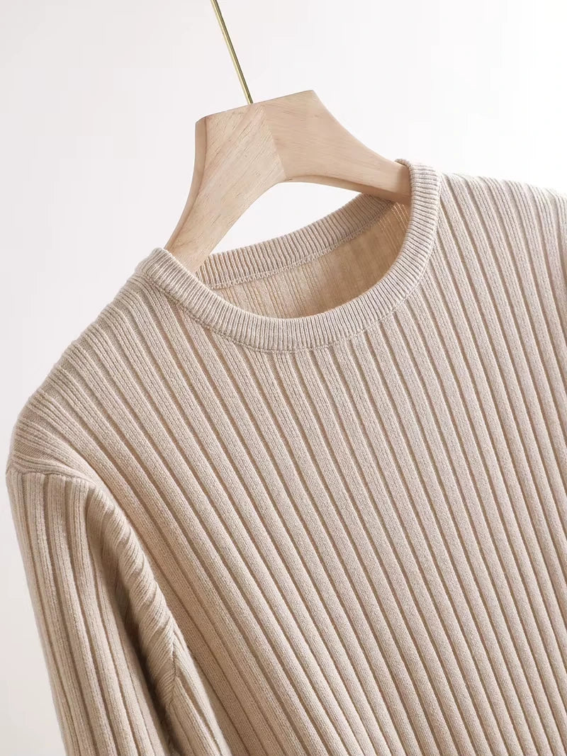 Beige cotton blend knit midi jumper dress with ribbed texture on hanger — view 26 — view 31