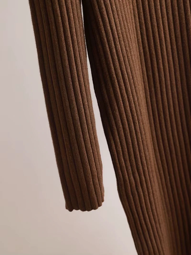 Brown ribbed knit fabric of women's midi jumper dress, close up view — 27 — view 32
