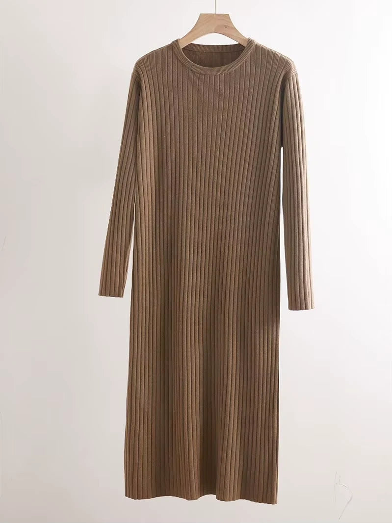 Brown ribbed knit midi jumper dress hanging on a hanger, showcasing long sleeves and O neck design — view 30 — view 35