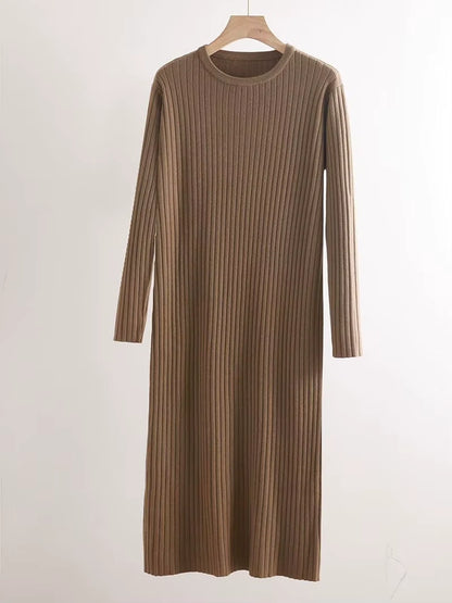 Brown ribbed knit midi jumper dress hanging on a hanger, showcasing long sleeves and O neck design — view 30 — view 35