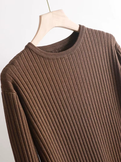 Brown cotton blend knit midi jumper dress with ribbed texture, close up view — 31 — view 36