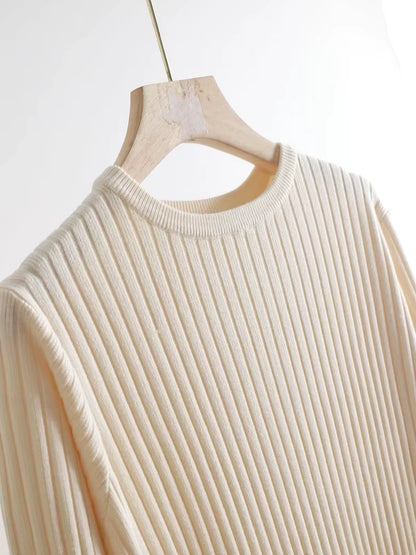 Cream ribbed knit midi jumper dress on a hanger, showcasing the O neck design — view 33 — view 38