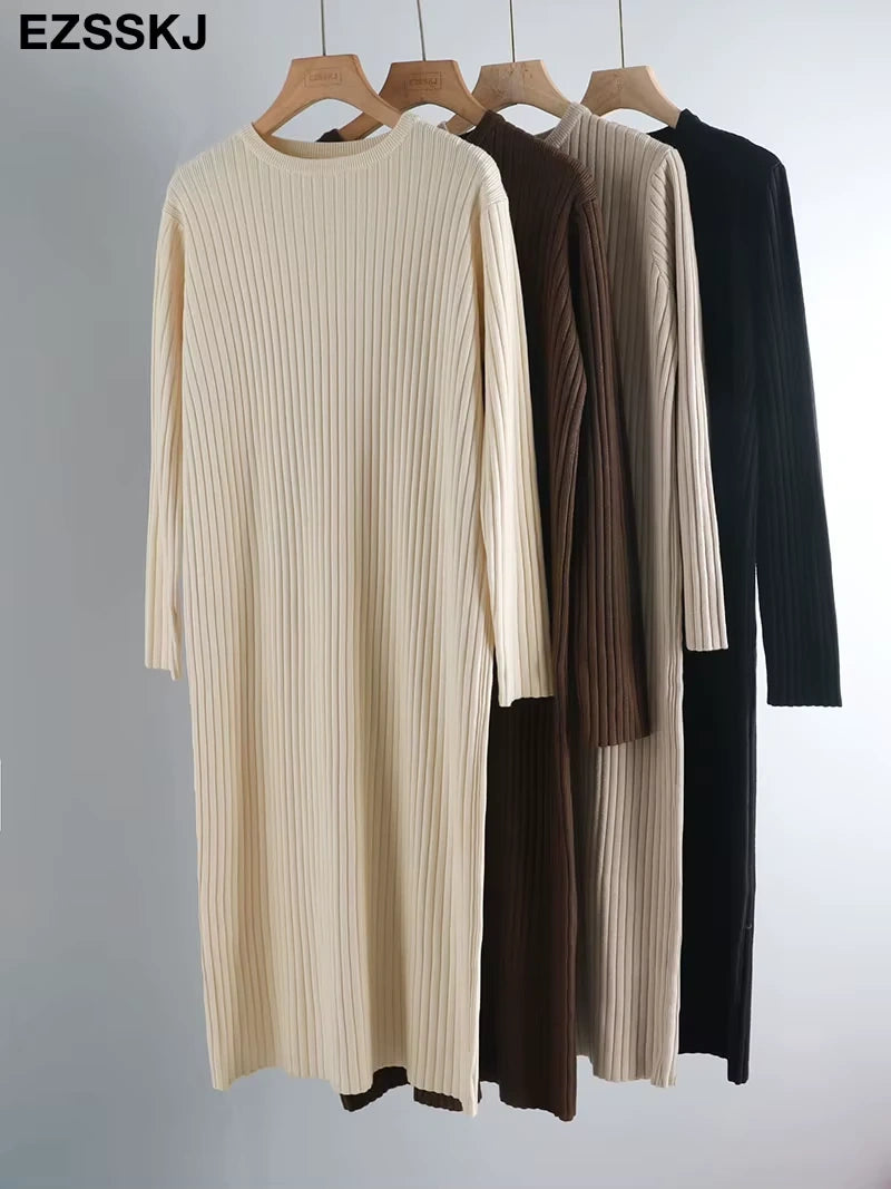 Midi jumper dress — Cream, brown, and black knit dresses on hangers, showcasing ribbed texture — view 6