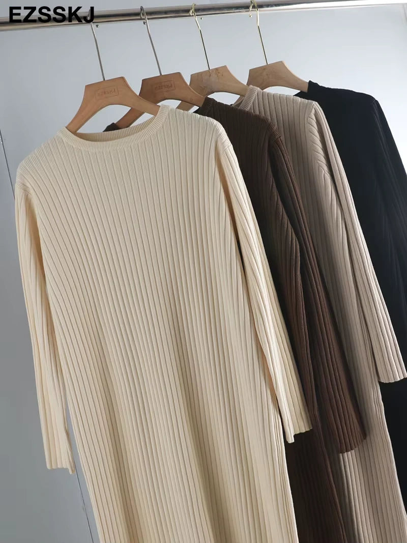 Cream cotton blend knit midi jumper dress hanging on wooden hangers — view 2 — view 7