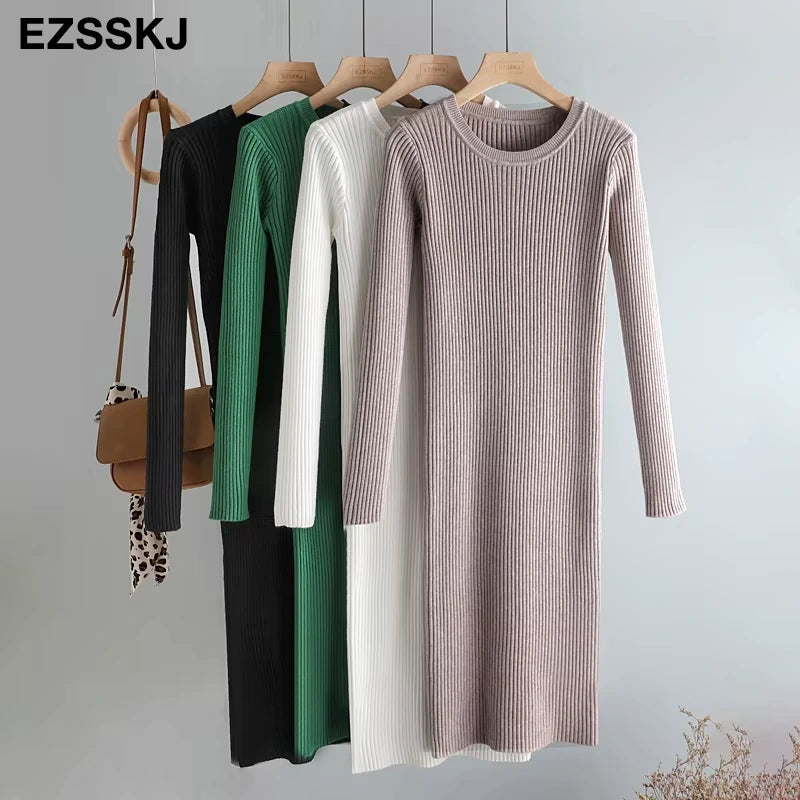 Midi jumper dress — Four knit dresses in black, green, white, and beige hanging on wooden hangers — view 5 — view 10