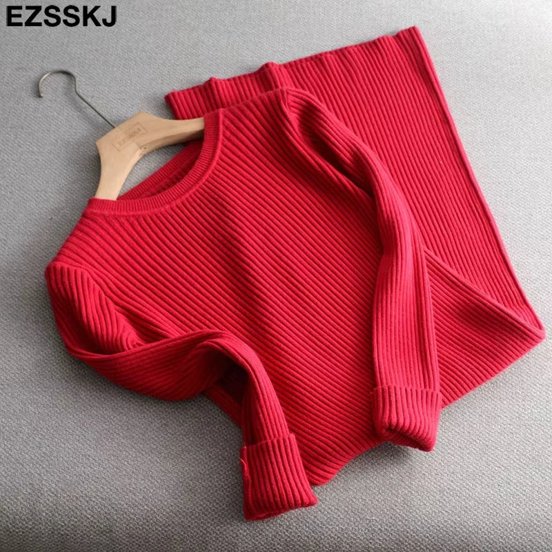 Red ribbed knit midi jumper dress with O neck and slim fit, laid flat — view 9 — view 14