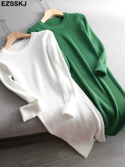 Midi jumper dress — White and green knit dresses displayed on a sofa, showcasing ribbed texture O neck — view 17 — view 22