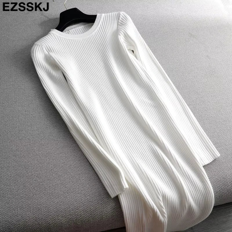 White ribbed knit midi jumper dress with O neck, laid flat on a grey surface — view 18 — view 23