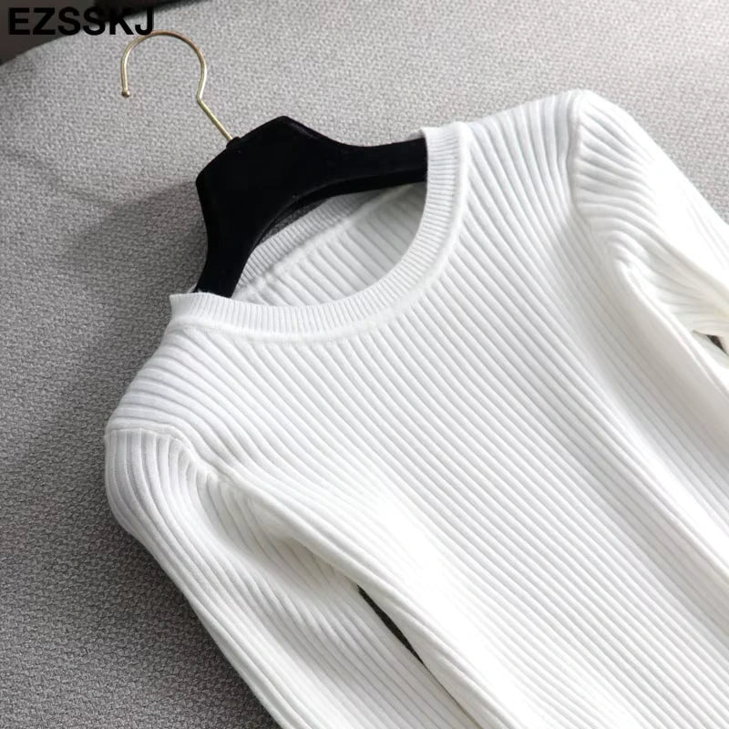 White ribbed knit midi jumper dress on hanger, showcasing O neck design and slim fit — view 20 — view 25