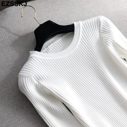 White ribbed knit midi jumper dress on hanger, showcasing O neck design and slim fit — view 20 — view 25