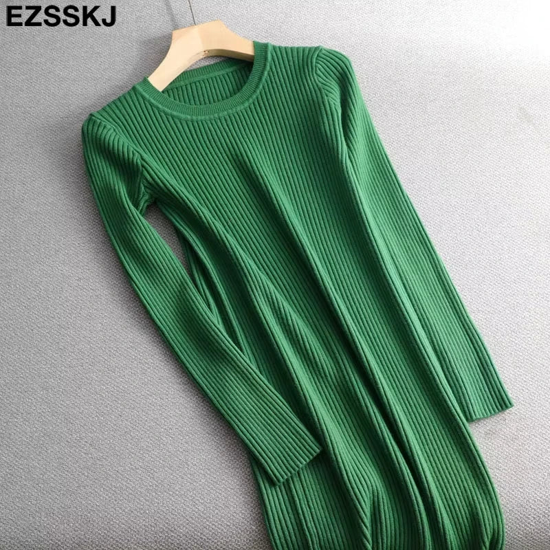 Green ribbed knit midi jumper dress with O neck, laid flat — view 22 — view 27