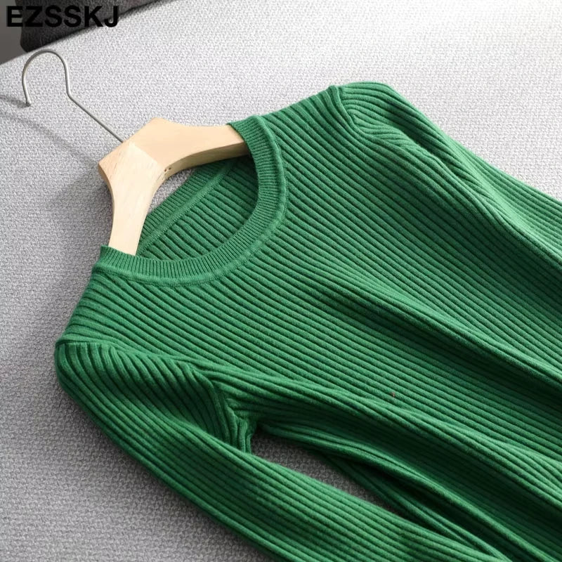 Green ribbed knit midi jumper dress on hanger, showcasing O neck and slim fit design — view 23 — view 28