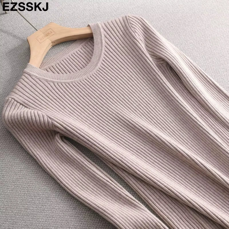 Women's ribbed O neck slim fit midi jumper dress, showcasing texture and length — view 26 — view 31