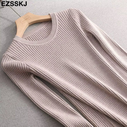 Women's ribbed O neck slim fit midi jumper dress, showcasing texture and length — view 26 — view 31