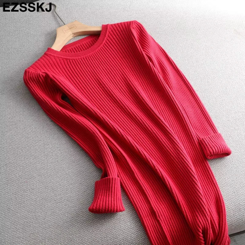 Red ribbed knit midi jumper dress with O neck and long sleeves, laid flat — view 29 — view 34