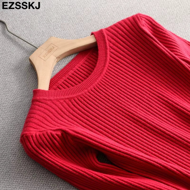 Red ribbed knit midi jumper dress on hanger, showcasing O neck and slim fit design — view 30 — view 35