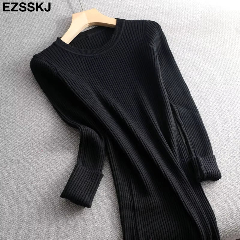 Black ribbed knit midi jumper dress with O neck and long sleeves, laid flat — view 33 — view 38