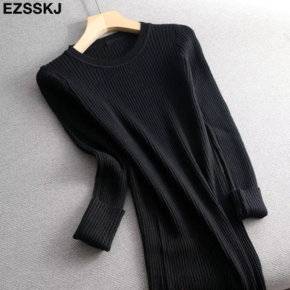Black ribbed knit midi jumper dress with O neck and long sleeves, laid flat — view 33 — view 38