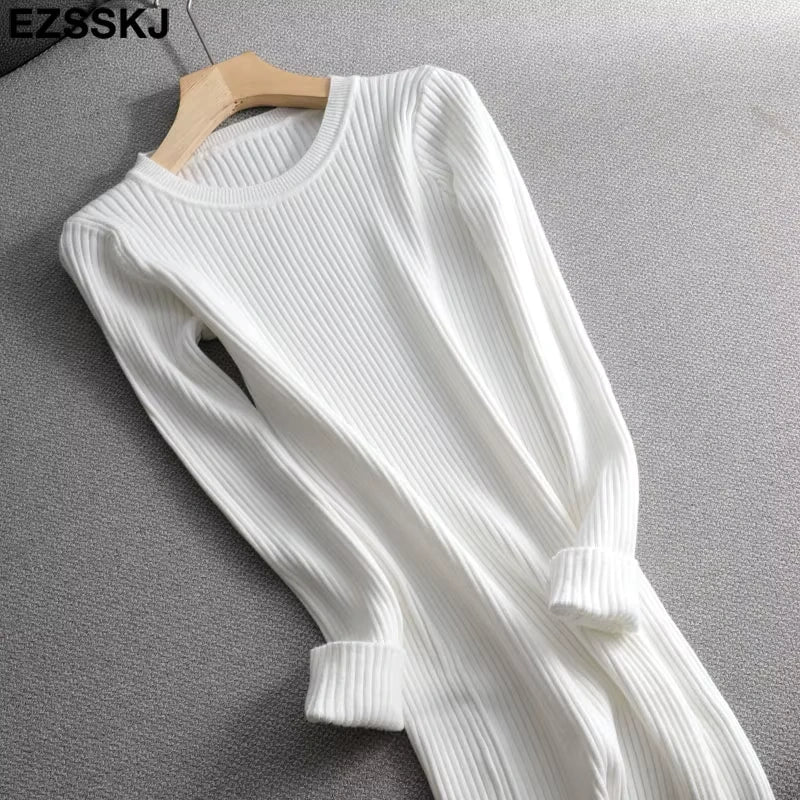 White ribbed knit midi jumper dress with O neck and long sleeves, displayed on a hanger — view 35 — view 40