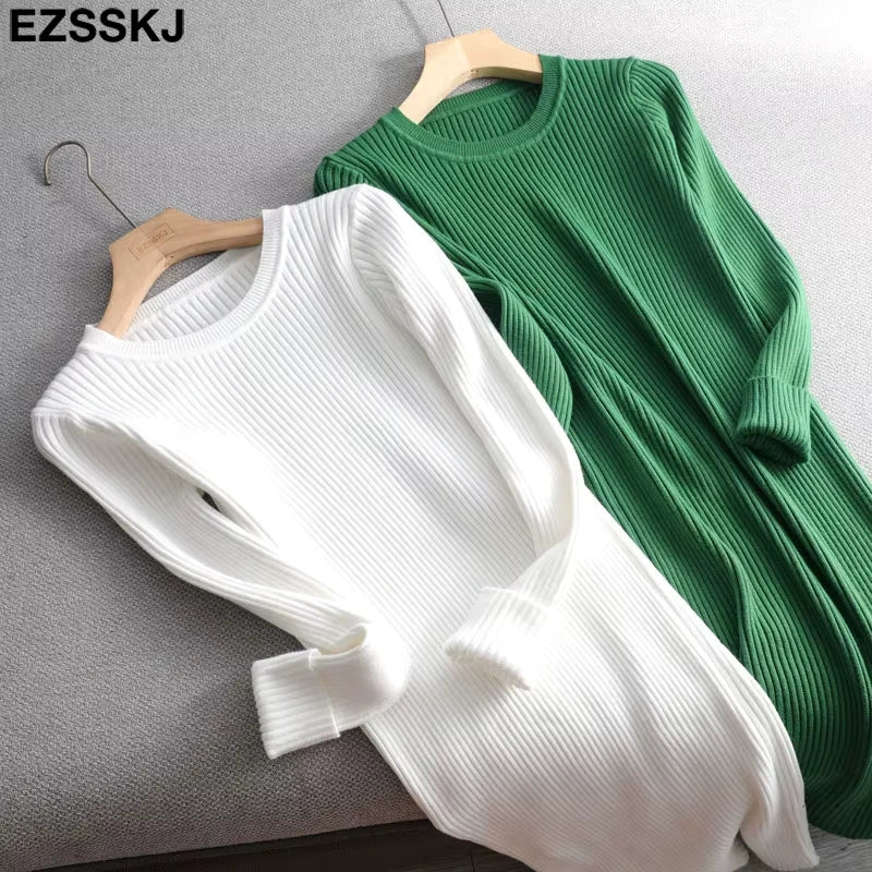 Midi jumper dress — Green and white O neck slim fit knit dresses on hangers — view 6