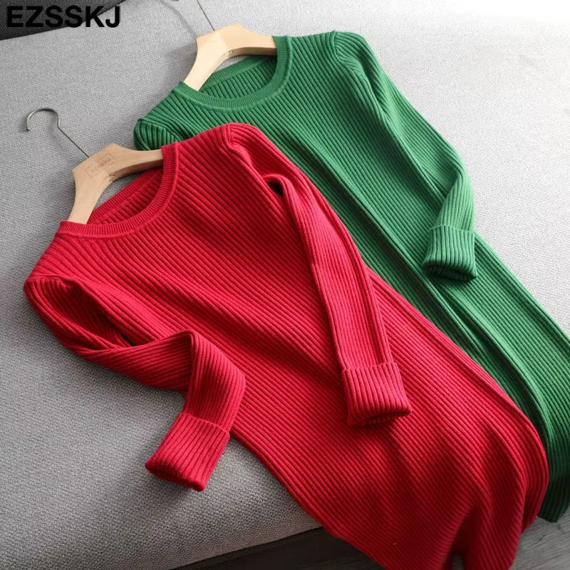 Midi jumper dress — Two knit dresses in red and green, displayed on hangers — view 2 — view 7