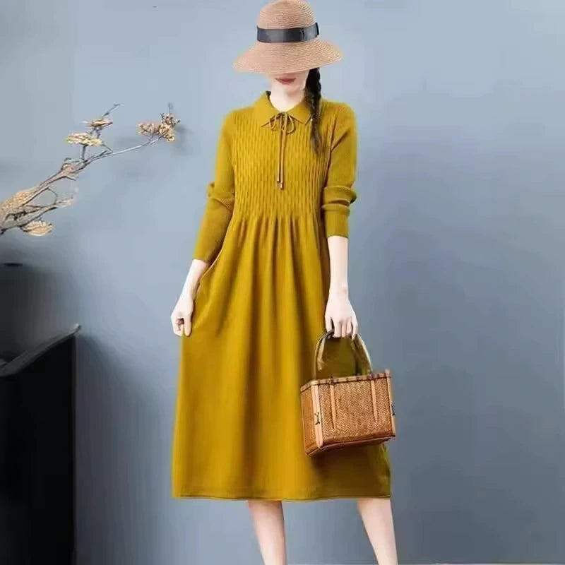 A line knitted midi jumper dress with Peter Pan collar and long sleeves, styled straw hat — view 7 — view 11