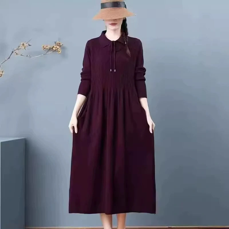Women's midi jumper dress with Peter Pan collar and long sleeves, knitted fabric — view 8 — view 12
