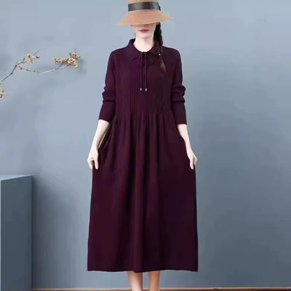 Women's midi jumper dress with Peter Pan collar and long sleeves, knitted fabric — view 8 — view 12