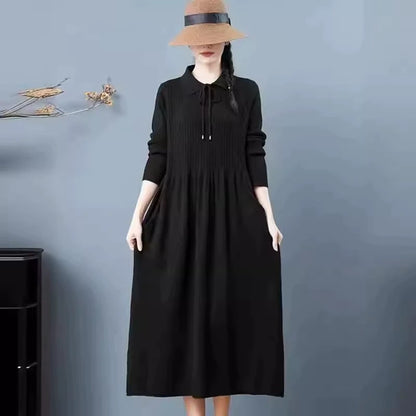 Black knitted midi jumper dress with Peter Pan collar, long sleeves, and pleated A line design — view 9 — view 13
