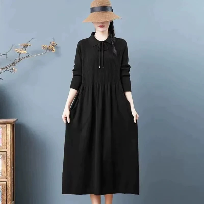 Black knitted midi jumper dress with Peter Pan collar and long sleeves — view 12 — view 16