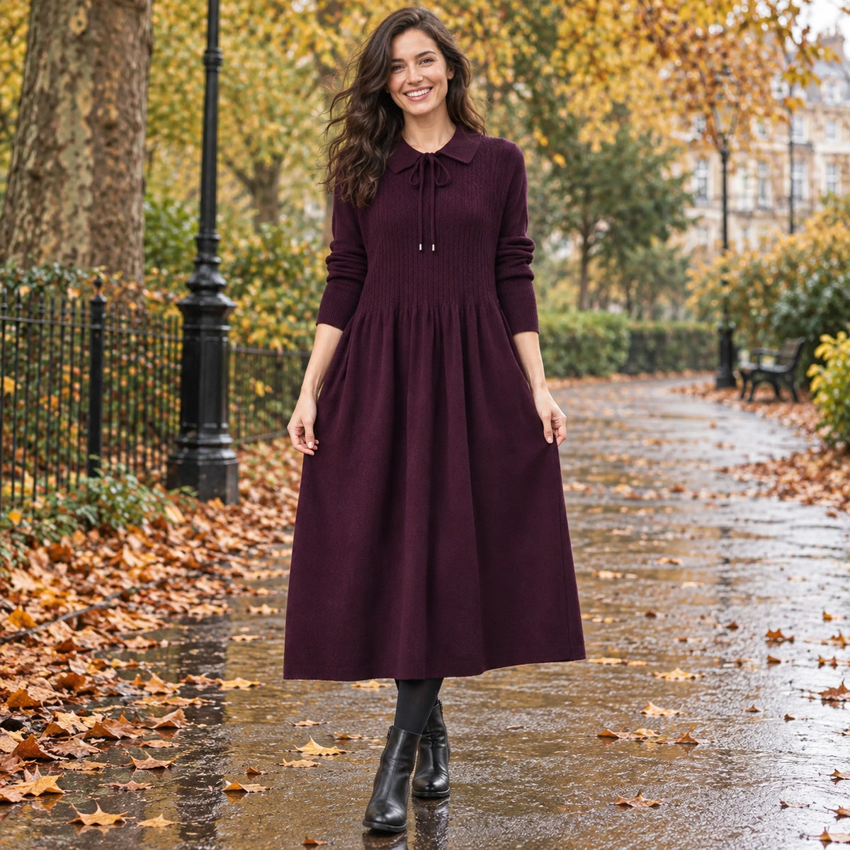 Women's Peter Pan Collar A Line Knitted Midi Jumper Dress in Purple, worn by happy model UK autumn setting — view 2