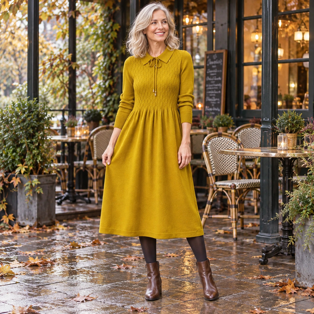 Women's Peter Pan Collar A Line Knitted Midi Jumper Dress in Yellow, worn by happy model UK autumn setting — view 3