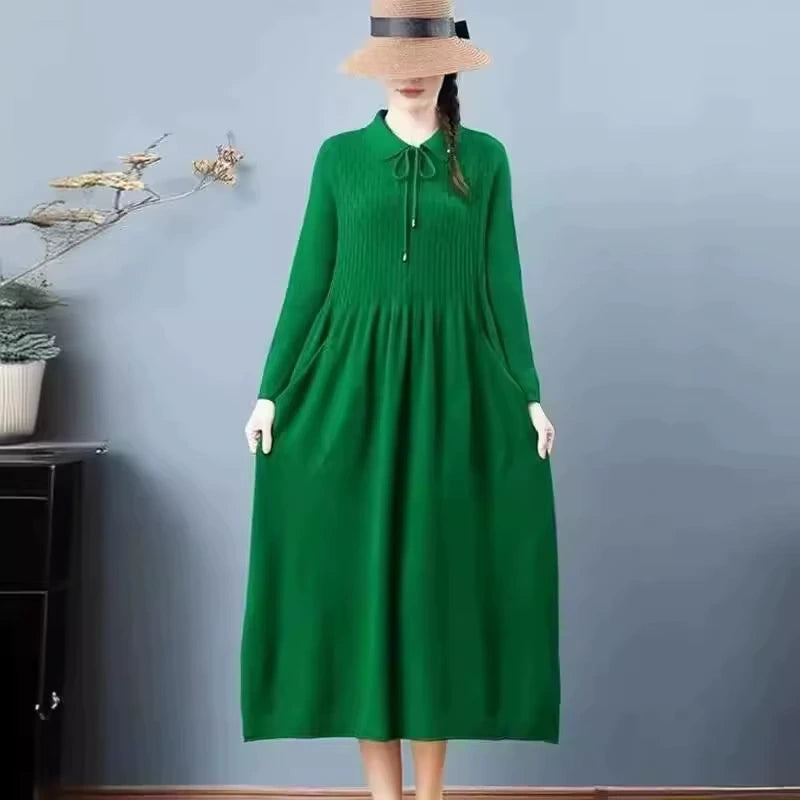 Green women's Peter Pan collar A line knitted midi jumper dress, full length view — view 5