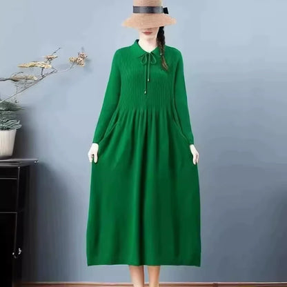 Green women's Peter Pan collar A line knitted midi jumper dress, full length view — view 5