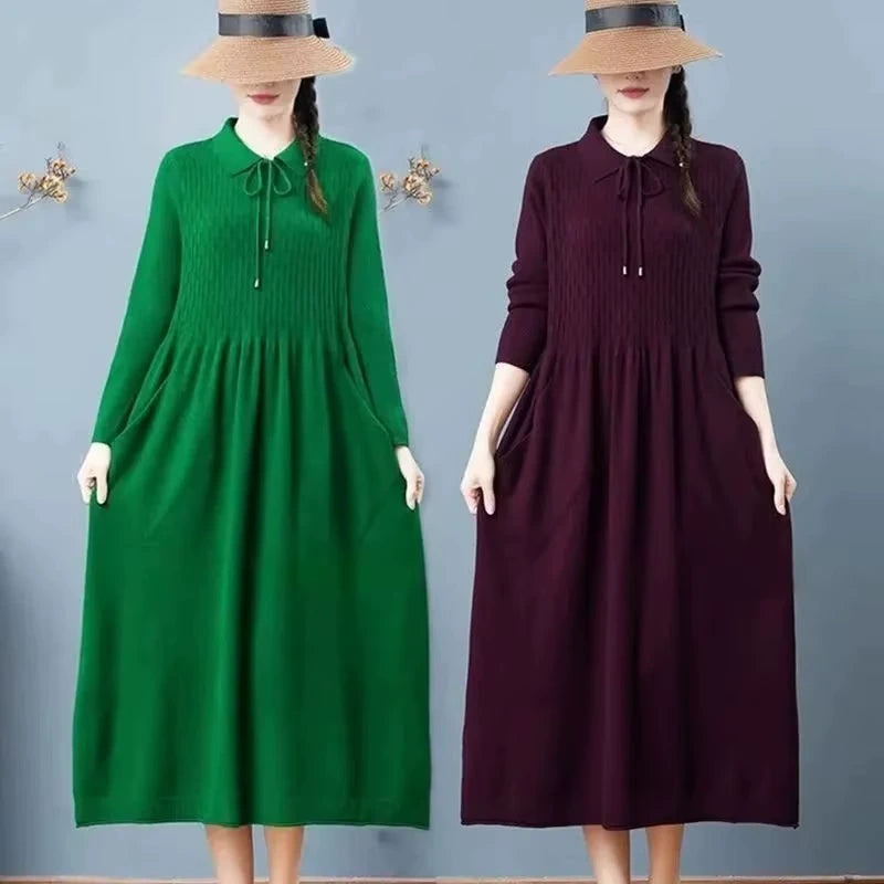 Midi jumper dress — Two women's dresses with Peter Pan collars, one green and dark purple — view 2 — view 6