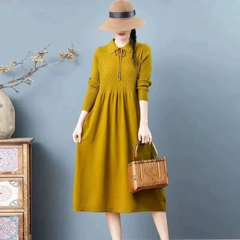 Women's Peter Pan collar A line knitted midi jumper dress in mustard, featuring long sleeves and woven texture — view 7
