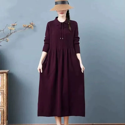 Women's midi jumper dress with Peter Pan collar, long sleeves, and a flowing line silhouette — view 4 — view 8