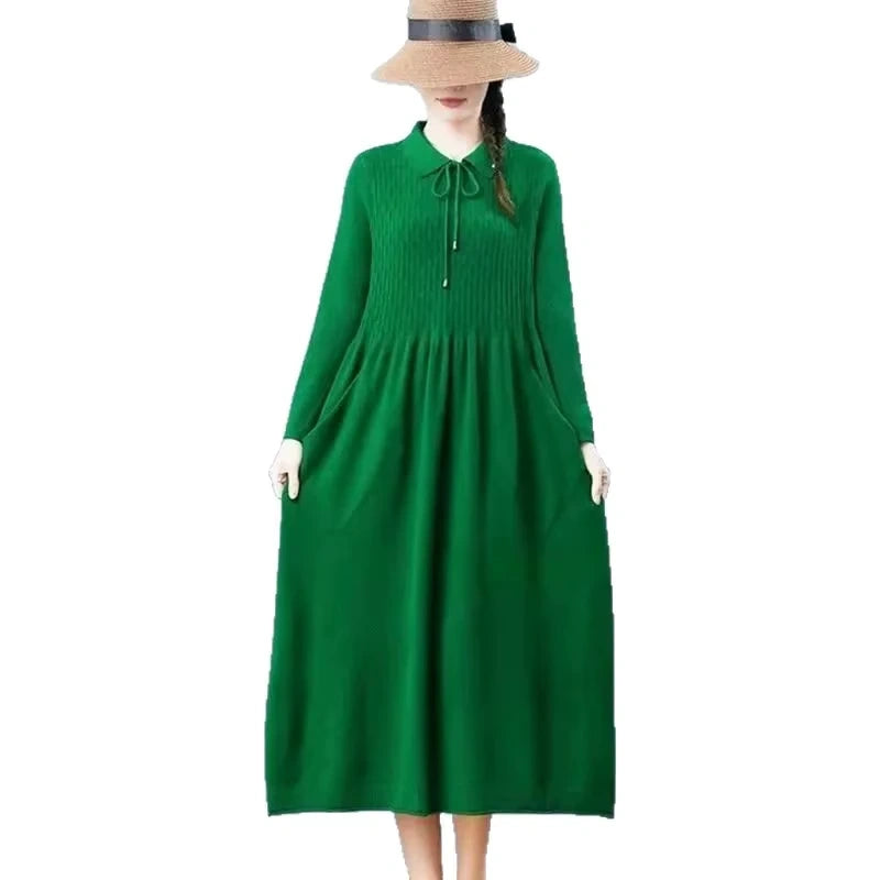 Green knitted midi jumper dress with Peter Pan collar and long sleeves — view 5 — view 9