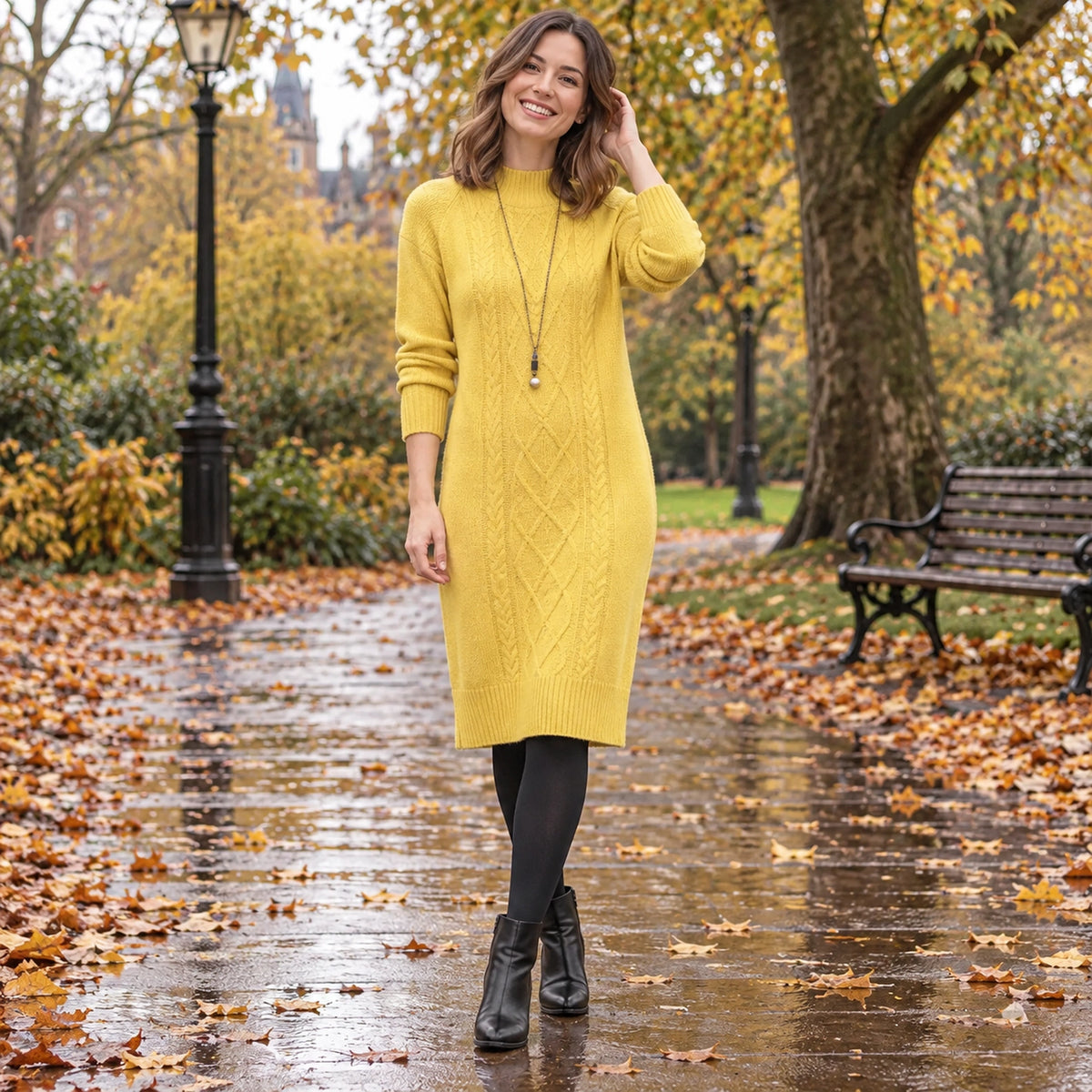 Women's Rib Knit Half High Collar Knee Length Midi Jumper Dress in Thicken Yellow, worn by a happy model UK autumn — view 14