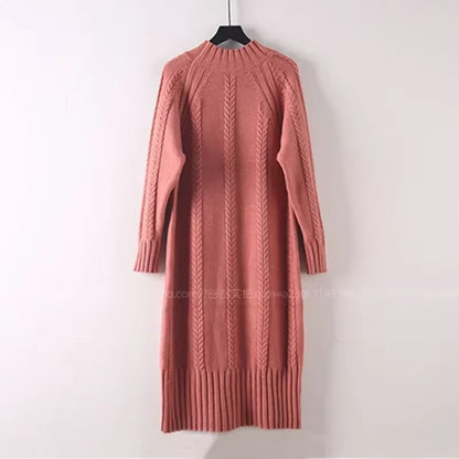 Rib knit knee length midi jumper dress in a soft pink hue, hanging on hanger — view 2 — view 16