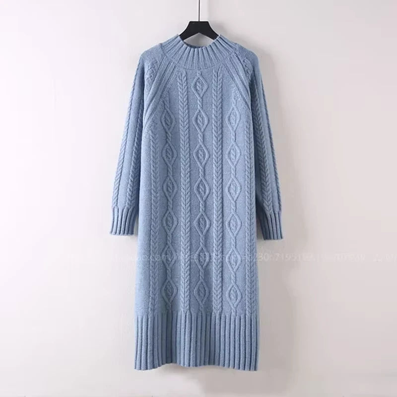Light blue rib knit knee length midi jumper dress with half high collar, displayed on hanger — view 3 — view 17