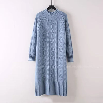 Light blue rib knit knee length midi jumper dress with half high collar, displayed on hanger — view 3 — view 17